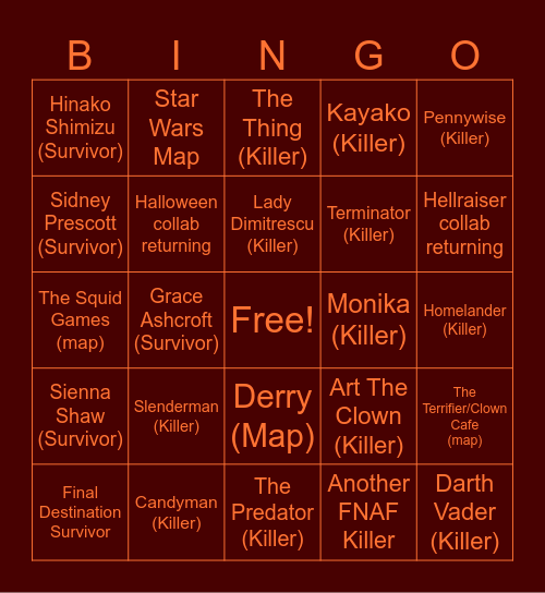 DBD License Wishlist Bingo Card