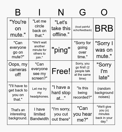 Virtual Meetings Bingo Card