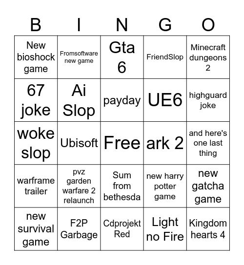 Summer Game Fest Bingo Card
