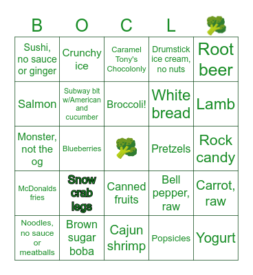 BROCCOLI'S always-safe food bingo Card