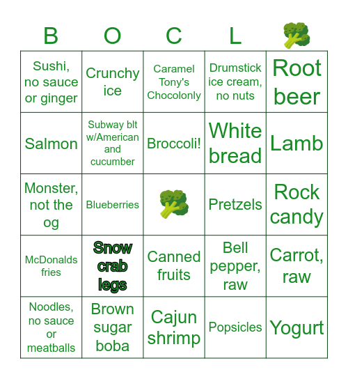 BROCCOLI'S always-safe food bingo Card