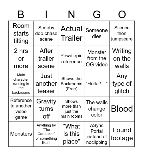 Backrooms Bingo Card