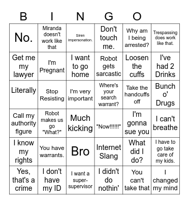Body Cam Bingo Card