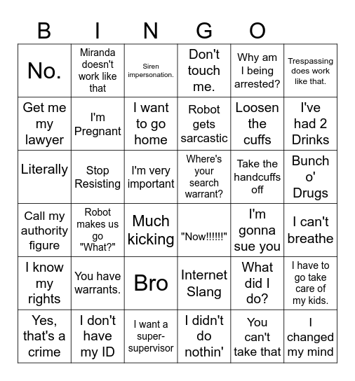 Body Cam Bingo Card