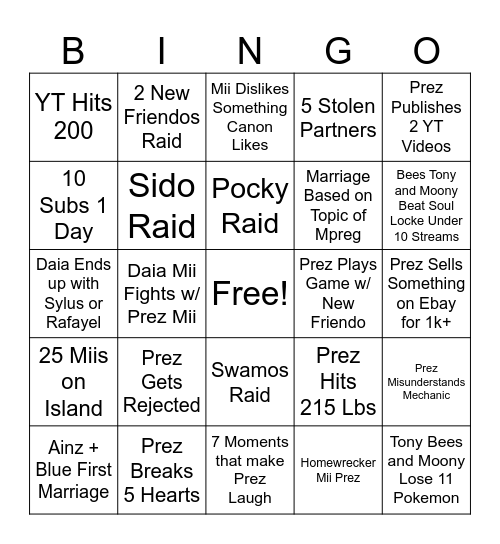 Tomodachi Life Bingo Card