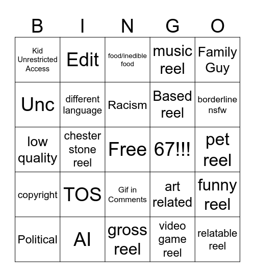 Instagram Bingo Card