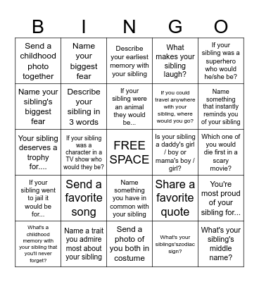 Sibling Bonding Bingo Card