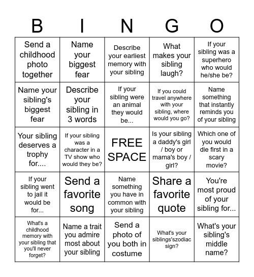 Sibling Bonding Bingo Card