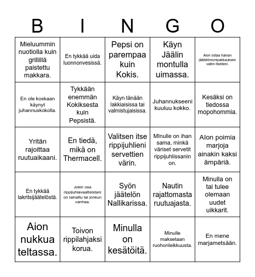 Kesälomasuunnitelmia Bingo Card