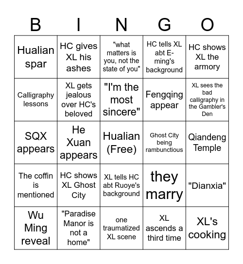 Different First (Third) Meeting Hualian fics Bingo Card