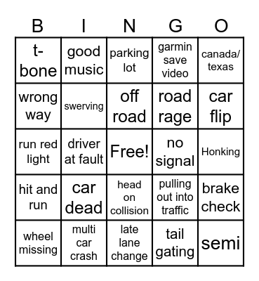 car crash Bingo Card