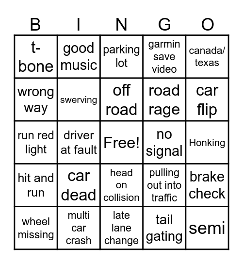car crash Bingo Card
