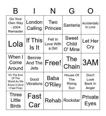 Dive Bar Anthems Bingo Card