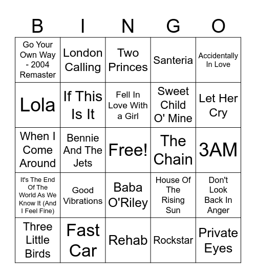 Dive Bar Anthems Bingo Card