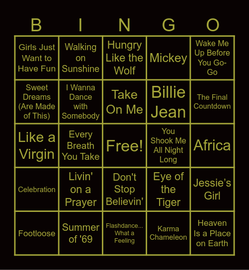 80s hits Bingo Card