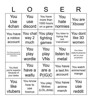 LOSER Bingo Card