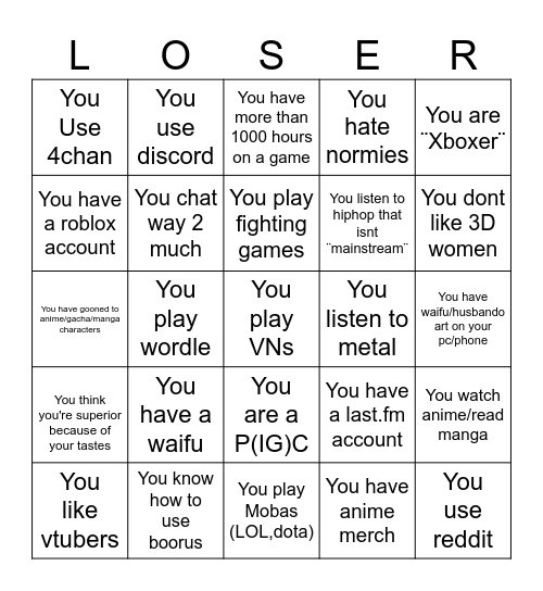 LOSER Bingo Card