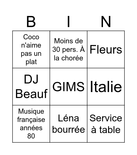 Mariage Vaness Bingo Card