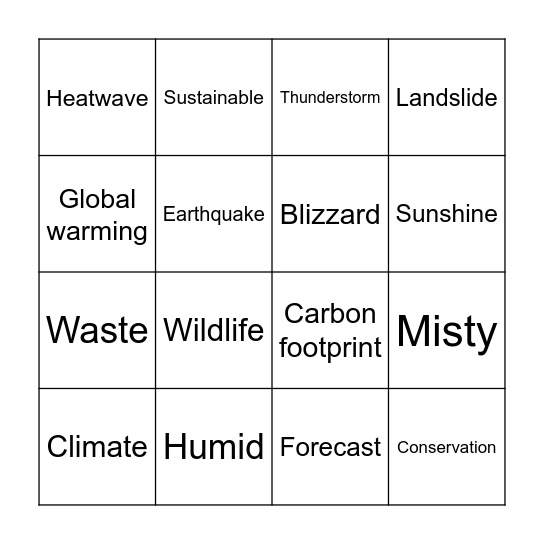 Weather and environment vocabulary Bingo Card