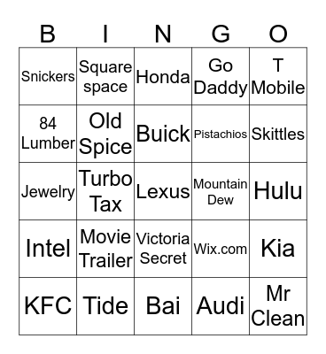 Superbowl Commercial Bingo Card