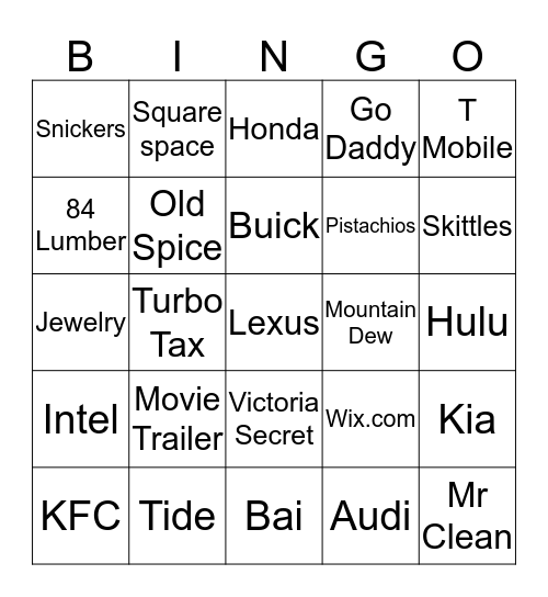 Superbowl Commercial Bingo Card