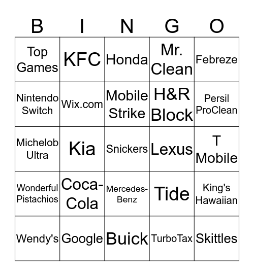 Super Bowl Bingo Card