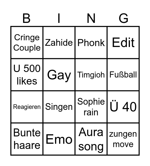 Cringe Tiktok Bingo Card