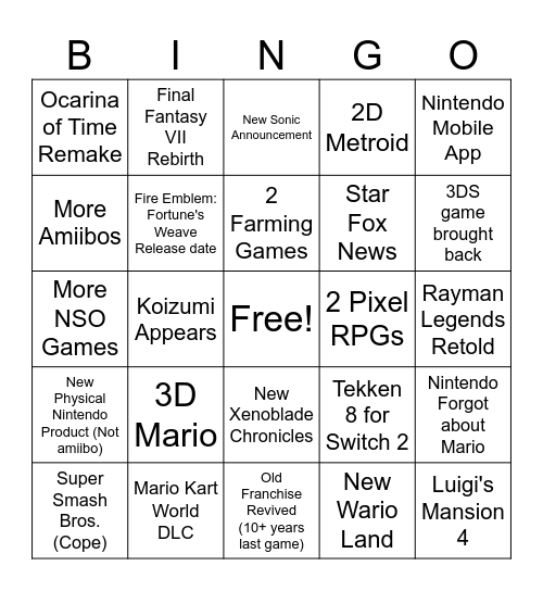 Nintendo Direct June 2026 Bingo Card