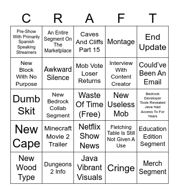 Minecraft Live Bingo Card