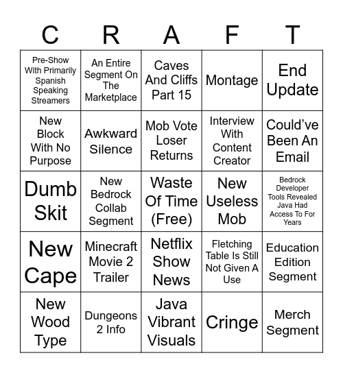 Minecraft Live Bingo Card