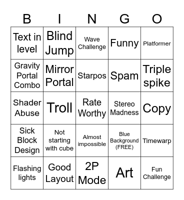 Geometry Dash Recent Tab Bingo Card