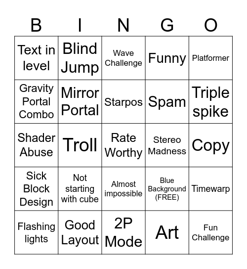 Geometry Dash Recent Tab Bingo Card