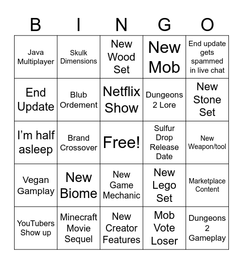 Twitch Minecraft live Bingo Card