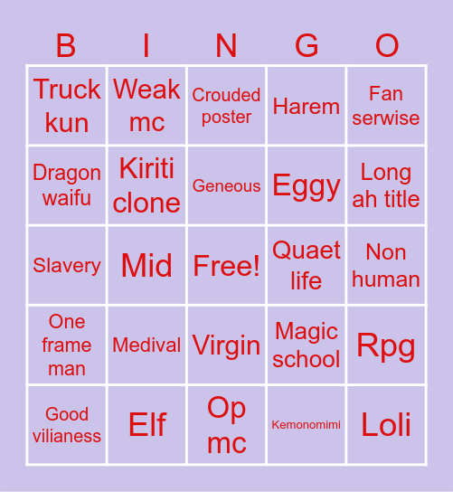Isecai bingo Card
