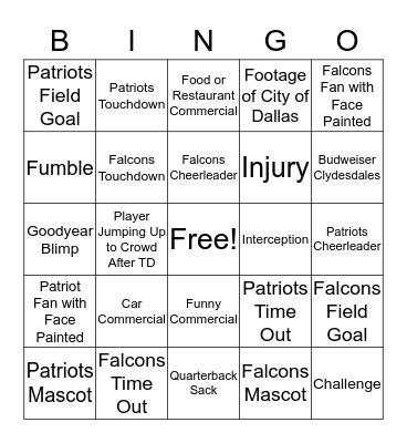 Super Bowl Bingo Card