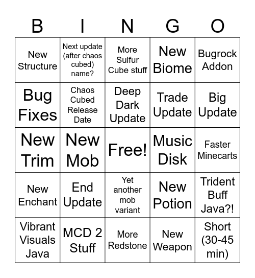 Minecraft Live Bingo Card