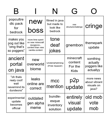 Minecraft Live Bingo Card