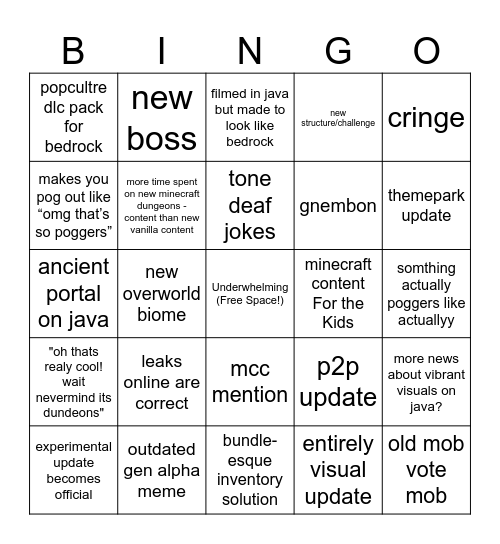Minecraft Live Bingo Card