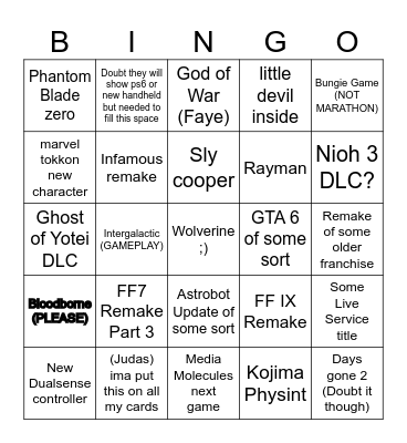 State of Play Bingo Card