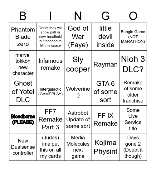 State of Play Bingo Card