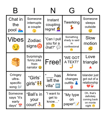 Love Island Bingo Card