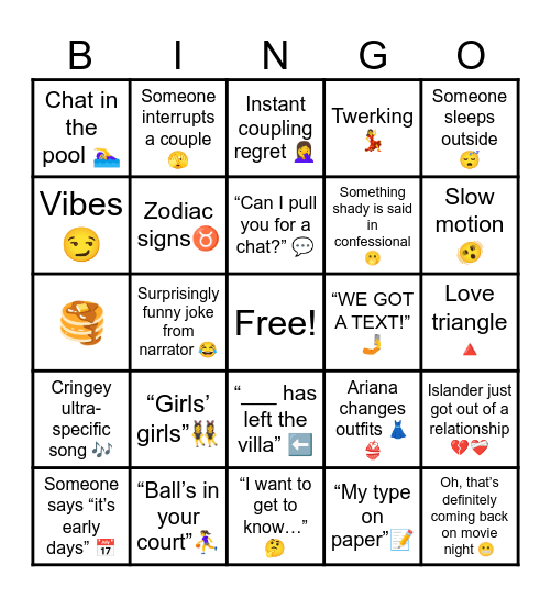 Love Island Bingo Card