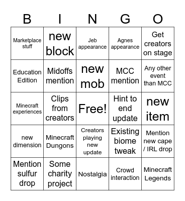 Minecraft Live Bingo Card