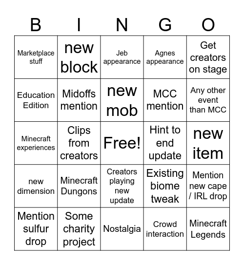 Minecraft Live Bingo Card