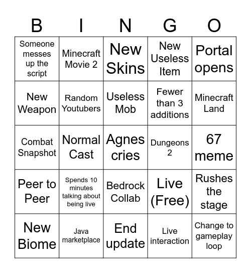 Minecraft Bingo Card