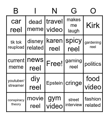 Instagram reel bingo Card