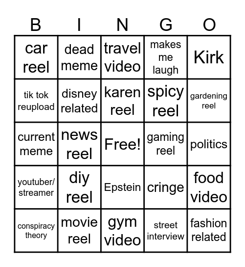 Instagram reel bingo Card