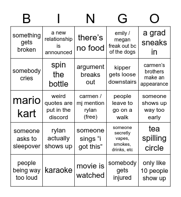 FF cast party Bingo Card
