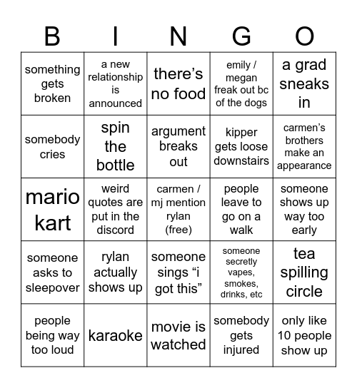 FF cast party Bingo Card