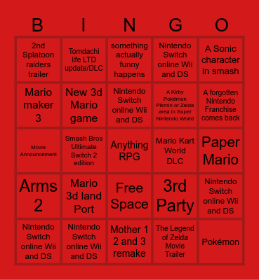 Nintendo Direct Bingo Card